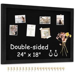 AMUSIGHT Double-Sided Black Cork Board with Linen, 24" x 18" Hanging Wood Framed Large Bulletin Board, Picture Display Vision Board Kit Corkboards for Wall Room School Office Decor, 20 Pushpins