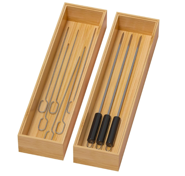 Bamboo Drawer Organizer, Narrow Silverware Organizer for Kitchen, Stackable Utensil Organizer, 2 Pcs Flatware Organizer for Drawer, Wooden Storage Box Tray (Yellow, 12 X 3 X 2 Inch)