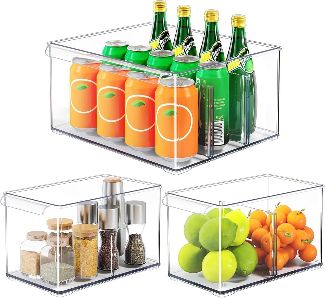 Clear Plastic Storage Bins with Dividers for Fridge Pantry Organizers and Storage Containers, 3 Pack Large Acrylic Stackable Sturdy Storage Boxes for Home Edit and Cabinet Organizers C6-2