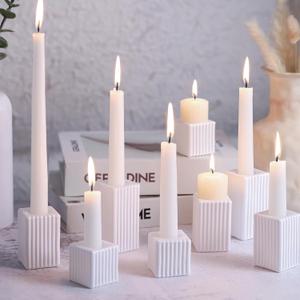 LETINE 12pcs White Vertical Stripe Glass Candlestick Holders - Chic Taper Candle Sticks Holder Set for Elegant Dining & Home Decor - Ideal for Wedding Centerpieces, Parties, and Celebrations