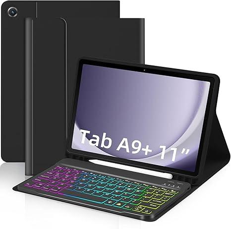 EAMPANG Case without Keyboard for Samsung Galaxy Tab A9 Plus 11 inch (SM-X210/X215/X216/X218),7 Color Rainbow Backlight Detachable USB-C Keyboard Magnetic Case with Pen Slot for Tablet A9+ 5G Black