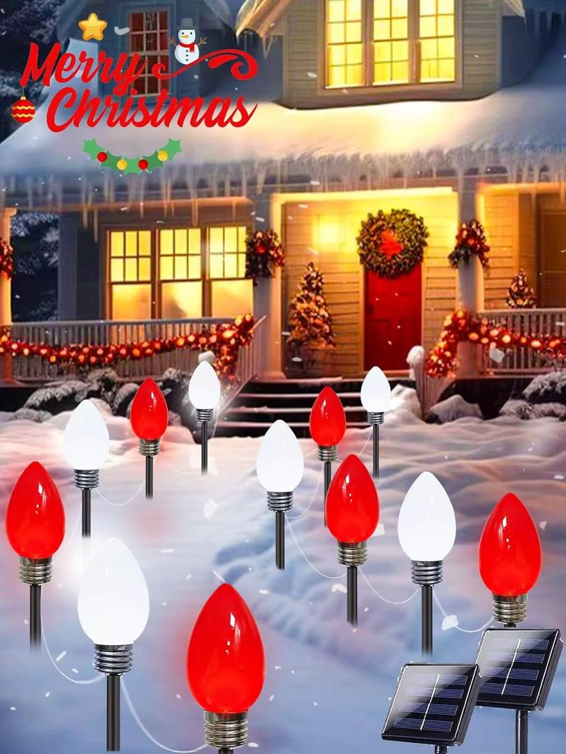 12 Pack Large C9 Christmas Decorations Outdoor Waterproof, Solar C9 Christmas Lights Outdoor with 2 Modes, Solar Pathway Light for Outside Party Yard Lawn Patio Walkway Xmas Decoration (Red and White)