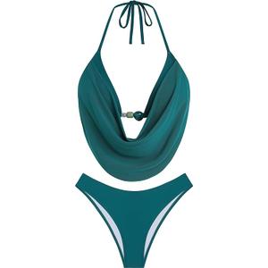 ZAFUL Women's Two Piece Bikini Sets Triangle Halter Swimsuit Deep V Cowl Neck Ruching Bathing Suits, L