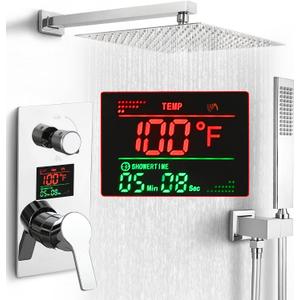 SKWOLL Shower Faucet Set Polished Chrome, Wall Mount 12 Inch Rainfall Shower Head with Handheld, 2 Function Shower Mixer Valve Kit Digital Display Included