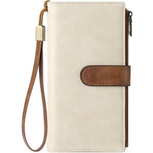 GOIACII Womens Wallets Large Capacity Credit Card Holder Rfid Wallet Women Double Zipper Pocket Leather Bifold Ladies Wristlet Clutch Wallet (A04-Beige Brown)