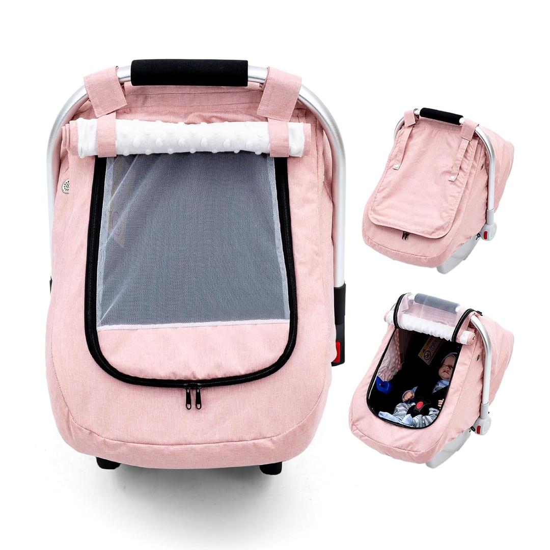 Waterproof Car Seat Cover Baby, 3D Mink Dot Infant Car Seat Cover with 2 Breathable Vents, Universal Carseat Canopy for Girls Boys, Baby Carrier Cover for All Seasons, Protect from Sunlight Rain (Pink)
