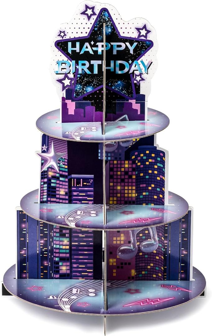 Singer Cupcake Stand Party Supplies - 3 Tier Spring Gifts Korean Pop Singer Happy Birthday Party Cupcake Tower Table Decoration Musical Fan Theme Dessert Tray Holder Cake Stands for Girl Women (Purple)