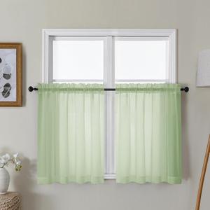Gwine Light Green Sheer Curtains 30 Inch Length, Short Light Filtering Voile Small Cafe Kitchen Curtains with Rod Pocket, Short Curtain for Bathroom Window, 42x30 Inch, 2PCS