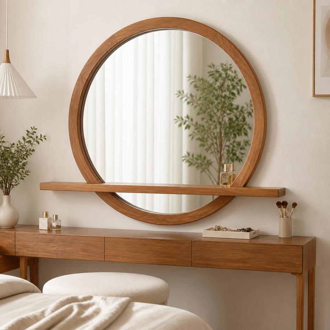 Vercraft 36 Inch Round Wood Wall Mirror with Shelf, Brown