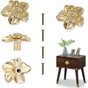 Flower Shaped Cabinet Knob Kitchen Knobs Elegant Petals Dresser Drawer Knobs for Furniture Nightstand Bookcase Cupboard Drawer Pull Single Hole Handle 4 Pcs (Gold)
