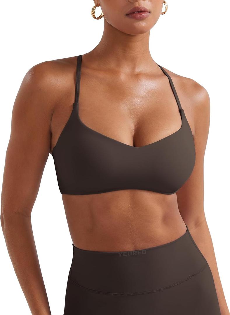 YEOREO CoreFlex Y Back Sports Bras for Women Padded Racerback Bra Paisely Light Impact Adjustable Straps Gym Workout Tops (Brown, L)