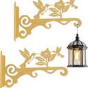 Elegant Bird Pattern Wall Hooks - 10/12/14 Inch Metal Plant Hangers for Indoor & Outdoor - Rust-Resistant Bracket for Plants, Feeders, Chimes, Lanterns (2, Gold, 10 inch)
