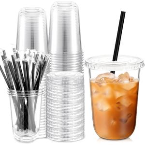 Ziliny 25 Set Clear Plastic Cups with Lids and Straws, Disposable Iced Coffee PET Cups for Drinking Cold Beverage Juice Parfait Smoothie Milkshake Coffee Shops Party Supplies (16 oz)
