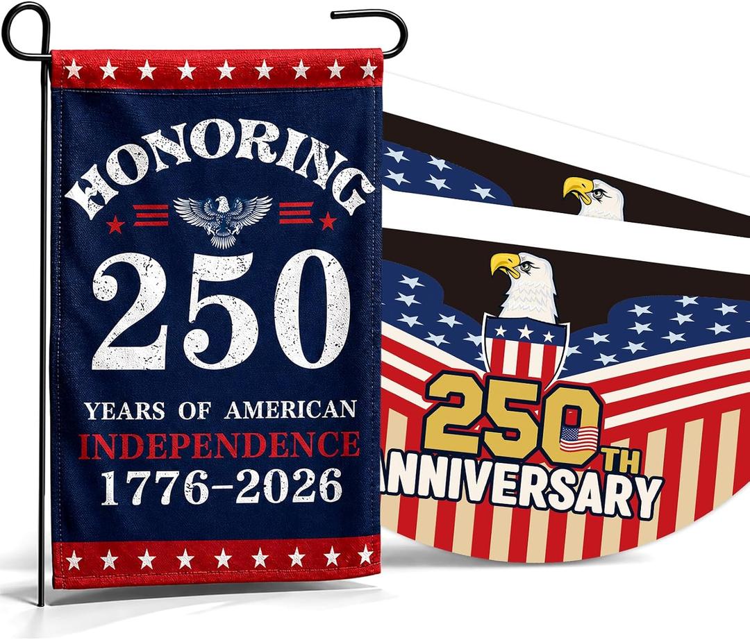 3Pcs 250 Anniversary USA Flag Set includes 1pc Double-Sided Linen 1776-2026 American Garden Flag 2pcs Patriotic Eagle Fan Flags Bunting for 4th of July Independence Day Decor, 12 x 18 Inch & 2 x 4 ft