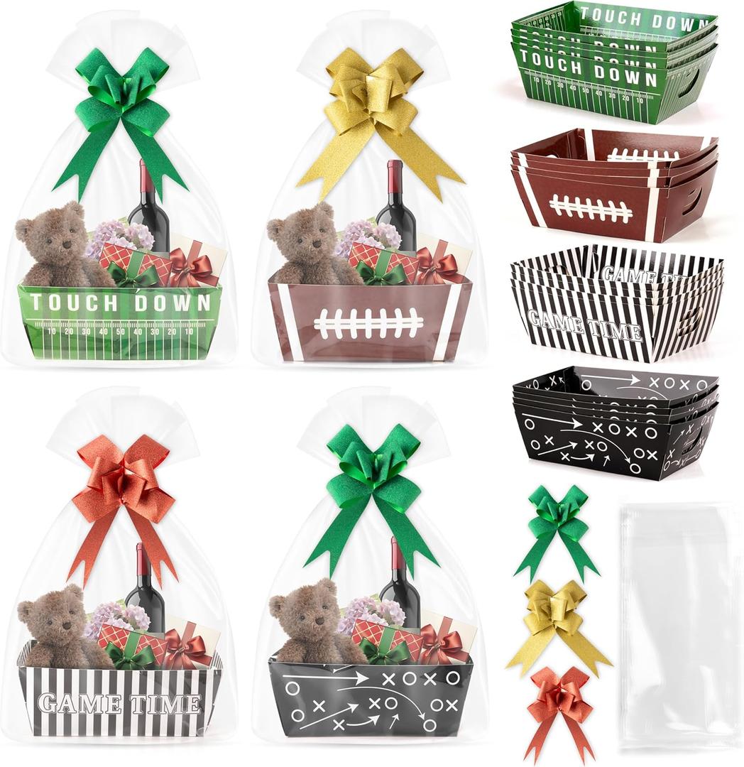 OSNIE 24 Sets Football Baskets for Gifts Empty with Cellophane Basket Bags and Ribbons Bows, Cardboard Basket Tray for Football Season Birthday Packaging, Empty Gift Box Kits to Fill for Party Favors, 19.6*27.5 inches/ 50*70 cm