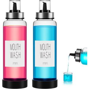 VITVITI Mouthwash Dispenser for Bathroom, Glass Mouth Wash Container with Cup Lid, 17OZ Clear Refillable Mouthwash Bottle Decanter with Silicone Pad/Labels, Set of 2
