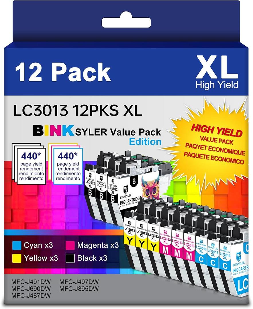LC3013 BK/C/M/Y Ink Cartridges, High Yield Compatible for Brother LC-3013 LC3013XL LC3011 Work for MFC-J491DW MFC-J497DW MFC-J487DW MFC-J690DW MFC-J895DW Printer (3BK/3C/3M/3Y) 12 Pack