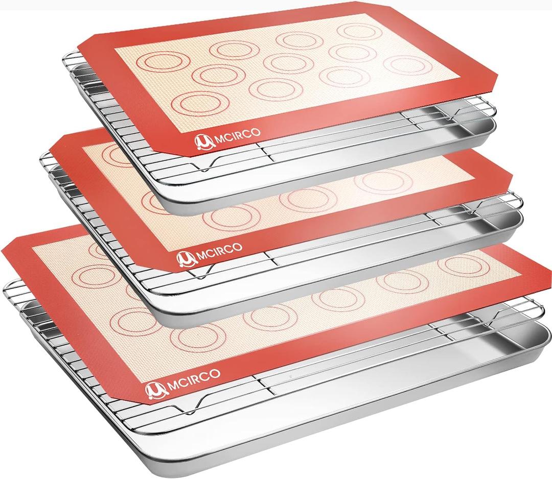 Stainless Steel Baking Sheet Tray Cooling Rack with Silicone Baking Mat Set, Cookie Pan with Cooling Rack, Set of 9 (3 Sheets + 3 Racks + 3 Mats), 10/12/16 Inch, Easy Clean (9pcs)