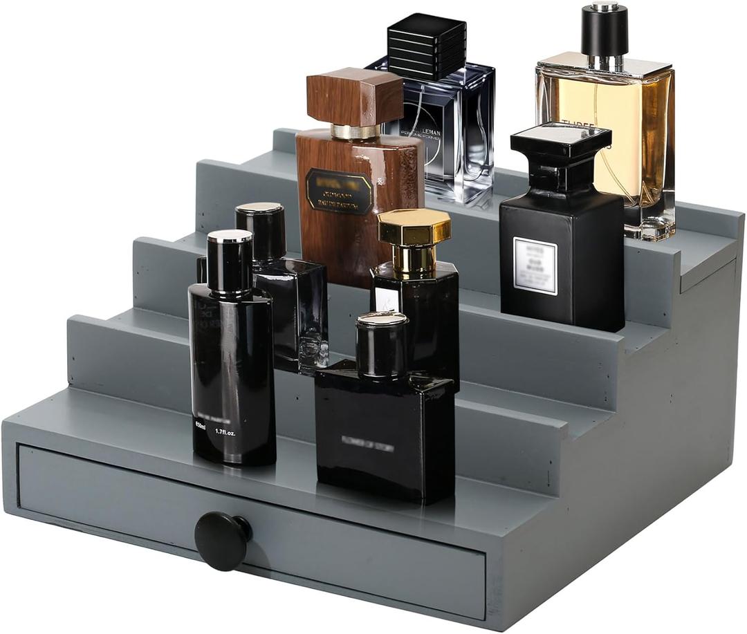 Cologne Organizer for Men - 4 Tier Wooden Grey Cologne Display Stand with Drawer and Hidden Compartment, Mens Cologne Perfume Holder Shelf for Organizing and Storing