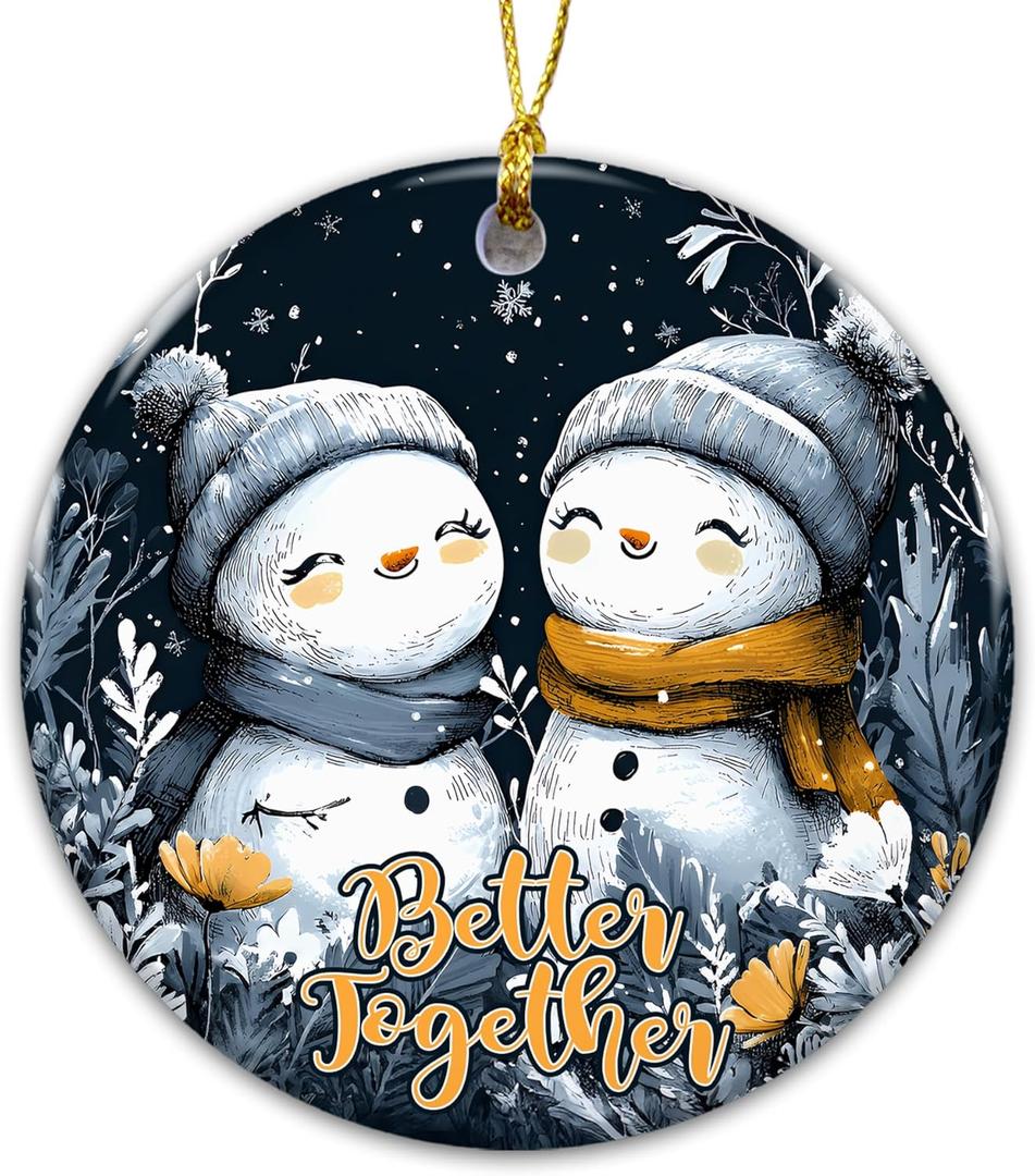 2 x Better Together Snowman Christmas Ornament 2025 Cute Snow Couple Ceramic Keepsake, Winter Holiday Tree Decoration, Romantic Couples Gift, Rustic Farmhouse Christmas Dcor