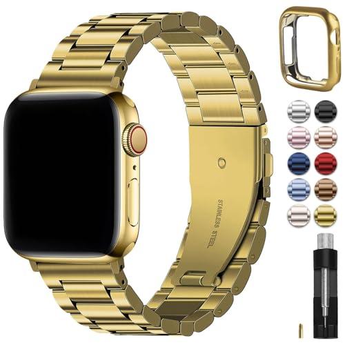 Fullmosa Metal Band Compatible with Apple Watch Bands 45mm 44mm 42mm, iWatch Band with Case for Apple Watch Series 9 8 7 6 5 4 3 2 1 SE3/2/1, Golden