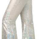 Nawgut Sequin Flare Pants Sparkly Glitter High Waisted Bell Bottoms Leggings Party Disco Clubwear for Women (Large, White)