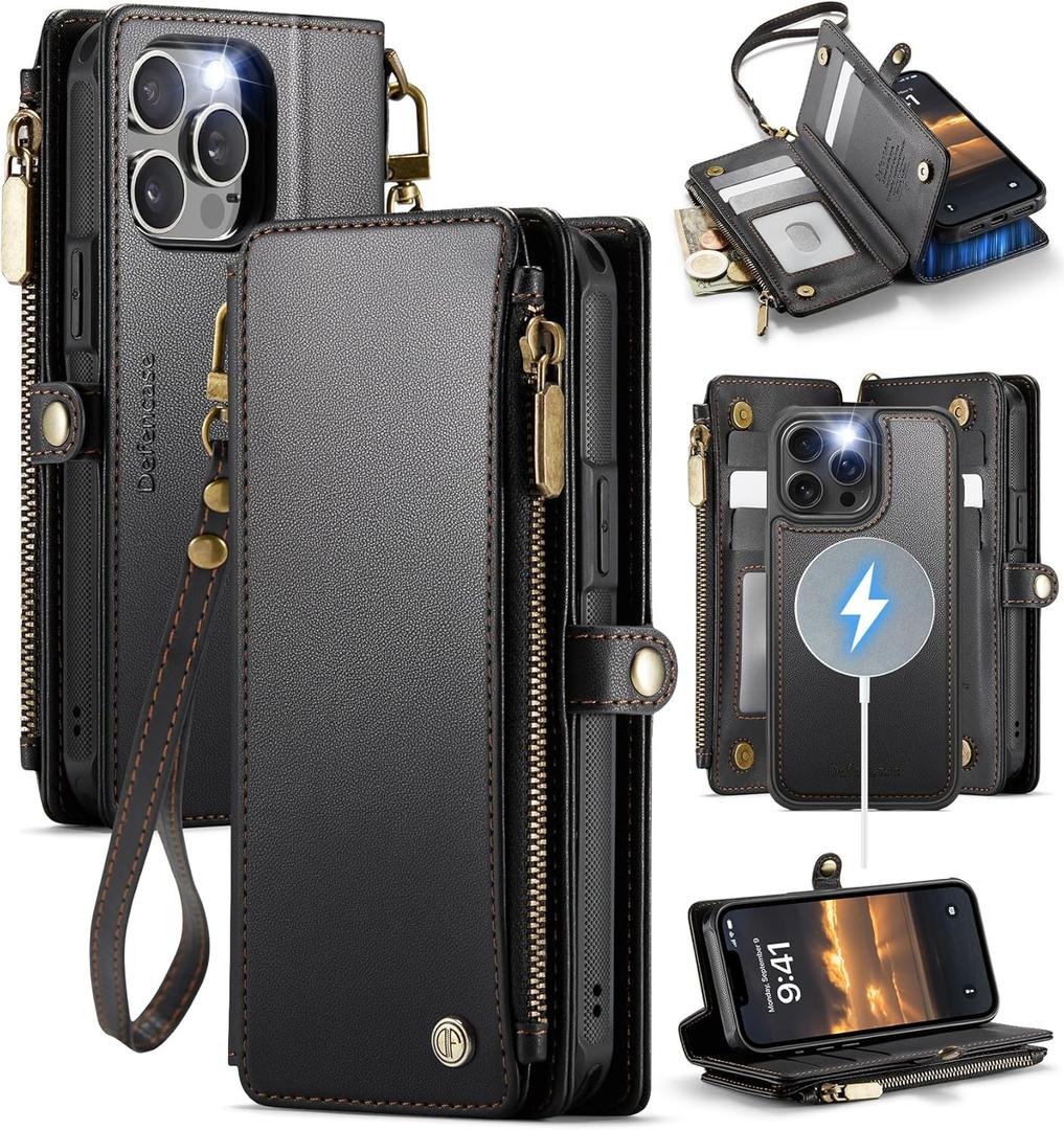 Defencase for iPhone 13 Pro Max Magnetic Wallet Case Compatible with Magsafe with RFID Blocking Zipper Strap Card Holder for Women, PU Leather Detachable Case for iPhone 13 Pro Max (6.7"), Black