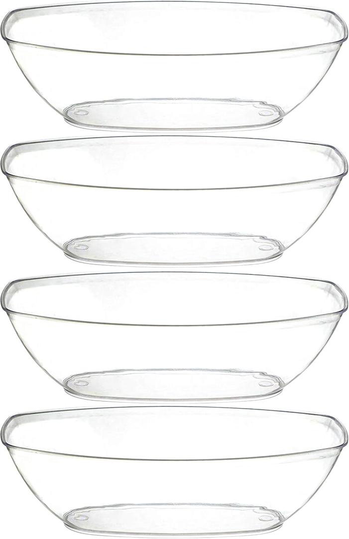 PLASTICPRO Disposable Oval Serving Bowls, Party Snack or Salad Bowl, 72-Ounce, Plastic (4, Clear)