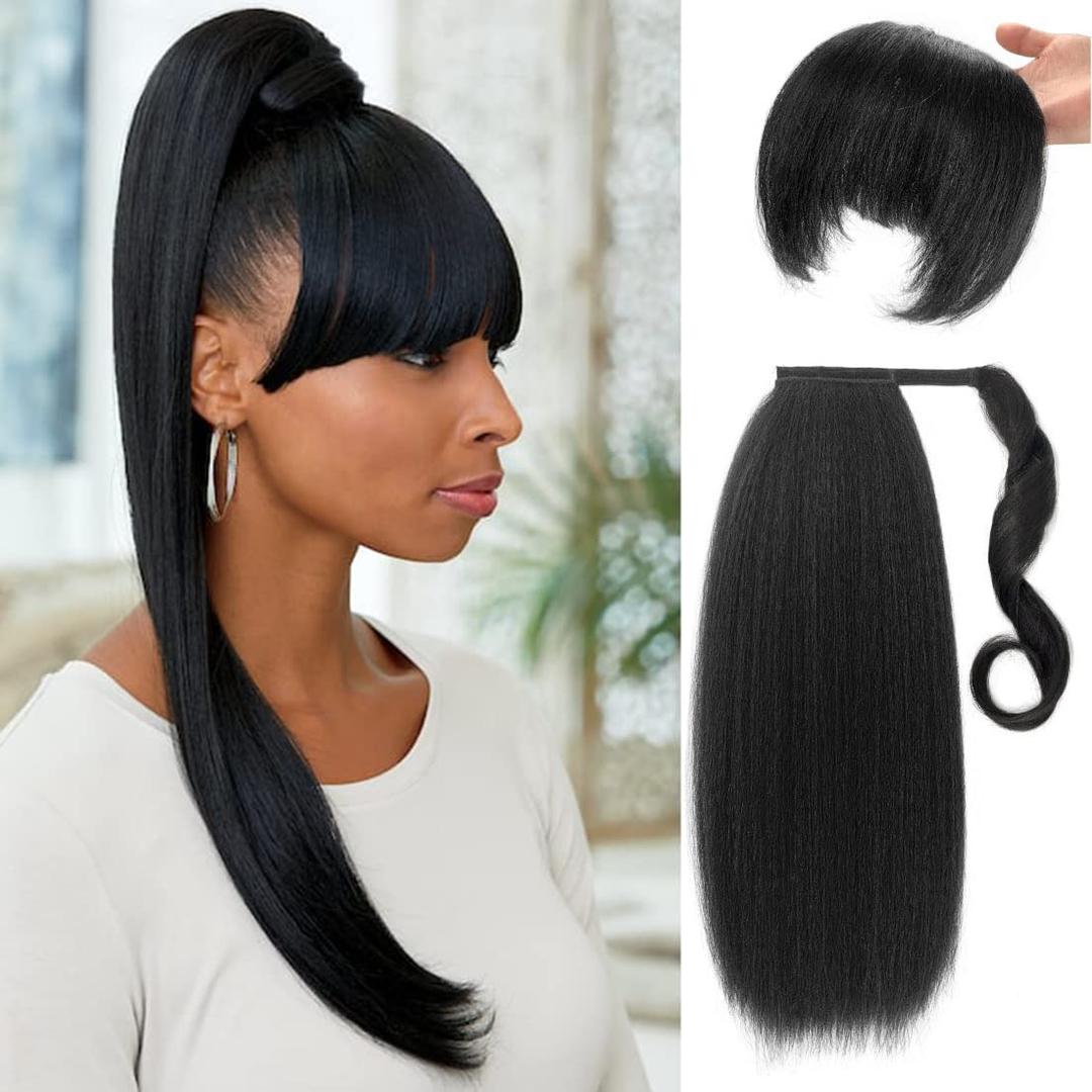 Yaki Straight Ponytail Extensions with Bangs for Black Women Black Synthetic Kinky Straight Wrap Around Magic Paste Ponytail with Bangs Natural Looking Hair Hairpiece for Daily Party Use(1B)