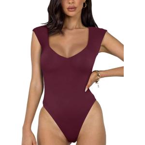 REORIA Butsmooth Women's Trendy Sexy Casual V Neck Double Lined Sleeveless Slimming Going Out Tank Top Bodysuits (Large, Burgundy)
