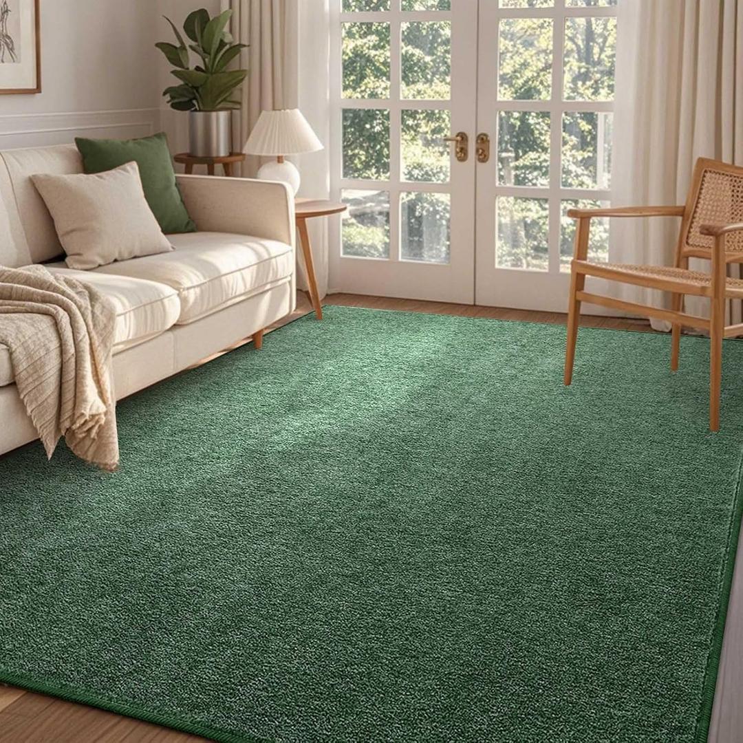 FinRec 4x6 Washable Area Rugs for Bedroom Living Room, Low Pile Thin Rug Solid Color, Non-Slip Carpet Indoor for Home Decor (Green)