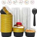 100 PCS Mini Cake Pans with Lids and 100 PCS Spoons,Aluminium Foil Baking Cups, 5 oz Disposable Baking Cups Foil Ramekins For Party Birthday Wedding Valentines (Black)