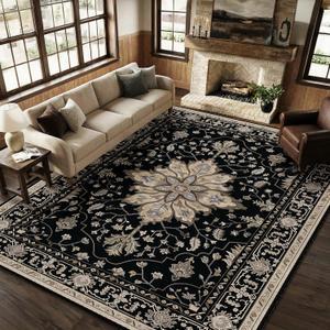 RELEANY Area Rugs 8'x10' Washable Non-Slip, Floral Vintage Distress Print Pattern Medallion Carpet for Living Room Bedroom Dining Room, Black Brown Neutral Dark Tan