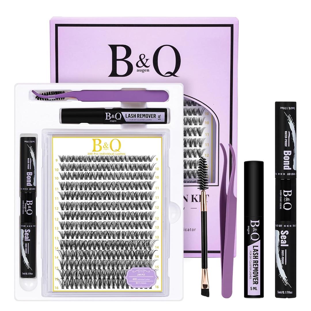 B&Q Lash Clusters Kit 280PCS Eyelash Clusters Kit, 40D D 9-16MIX Individual Lash Comfortable Eyelash Extension Set, Classic Look with Bond and Seal Waterproof, Remover DIY at Home(Set, 40D)