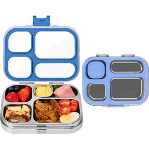 MISS BIG Stainless Steel Bento Box for Kids, 28oz 4 Compartments Lunch Box with Clear Lid, Lidded Sauce Cup and 50 Food Stickers, 304 Steel, BPA-Free, Dishwasher Safe for School (Blue)
