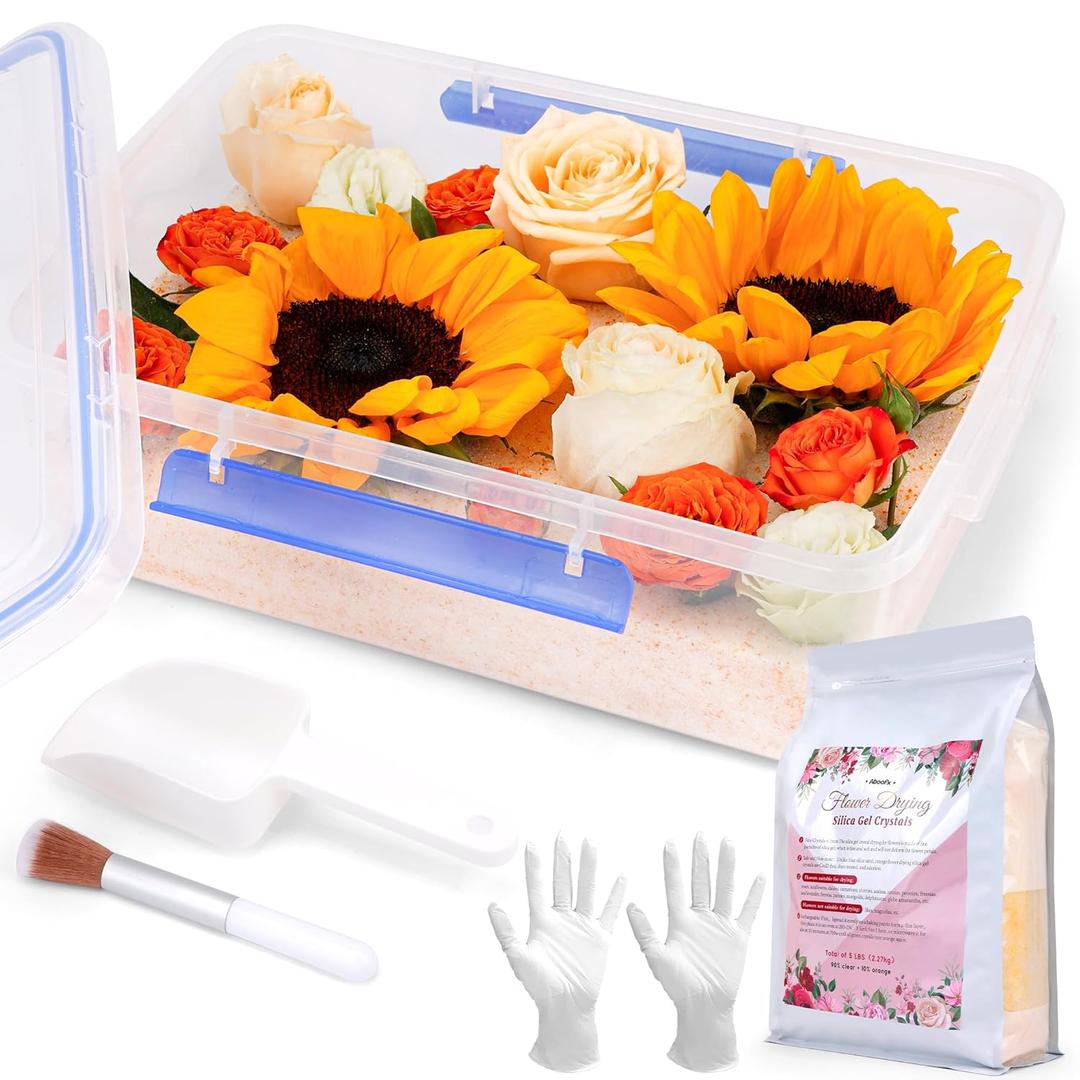Aboofx 5LBS Silica Gel Flower Drying Kit, Reusable Color Indicating Flower Drying Silica Gel Crystals with Airtight Container, Brush, Ice Scraper & Gloves, DIY Flowers Preservation Kit for Art Craft