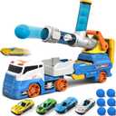 Dwi Dowellin Truck Toys Kids Toys, 28"Carrie Truck Race Track Car Toys Include 4 Race Cars+6 Soft Balls, Light&Sound, Eejection&Shooting Transport Trucks Toy, Xmas Gifts for Toddlers 3+ Year Old-Blue