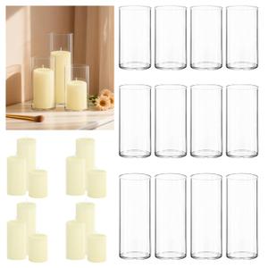 Trxvxo 48 PCS White Pillar Candles (2''X3,4,6) and Glass Cylinder Vases(2.6''X5,6,8),Hurricane Candles,Perfectly Sized for use as a Centerpiece Candle Decoration on Wedding Tables!