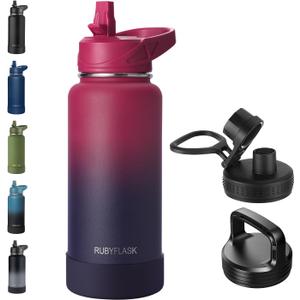 32oz Insulated Water Bottle with Straw, Stainless Steel Metal Vacuum Water Flask, Large Thermal Water bottle with Leakproof 3 Lids for Travel, Camping, Gym Sports Dark Rainbow