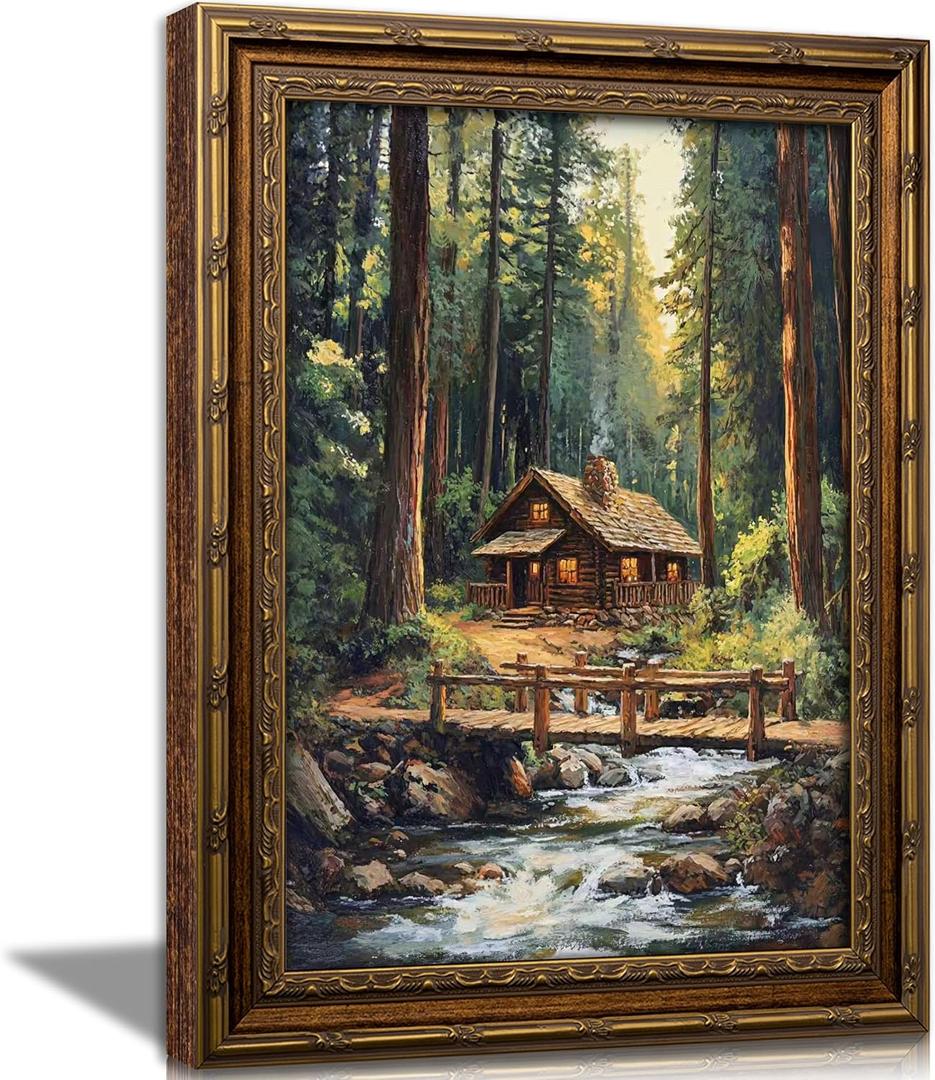 Vintage Gold Framed Forest Wall Art, Retro Mountain Woods Cottage Oli Painting Canvas Print, Antique Log Cabin Picture Wall Decor, Rustic Farmhouse Stream Poster Artwork for Bedroom Living Room, 24''Lx16''W