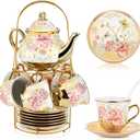 Zhehao Porcelain Tea Set with Metal Holder and Spoon Adult Ceramic Tea Set European Flower Painting Teapot Cup Saucer Spoon for Women Mom Gift, Large Version(Gorgeous Style,20 Pcs)