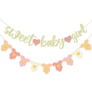 Frienda Baby Shower Decorations, Pennant Bodysuit Glitter Banners, No DIY, Pre-strung Baby Shower Gender Reveal Party Decorations for First Birthday Party Supplies(Girl,Pink,Gold)