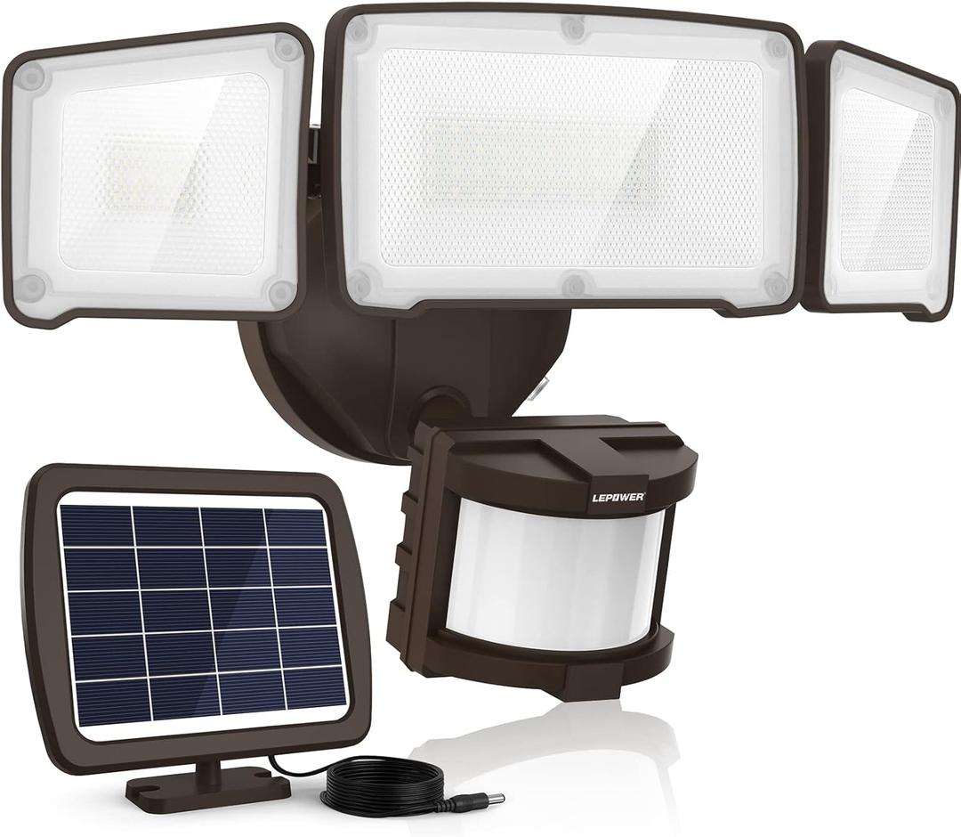 LEPOWER 1600LM LED Solar Security Lights Motion Outdoor, 5500K White Light, IP65 Waterproof Outdoor Flood Solar Light for Yard, GarageBrown