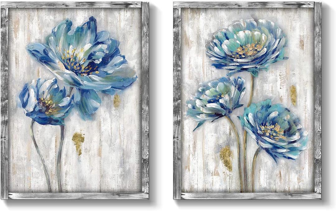Blue Flower Wooden Artwork Framed: Bloom Wall Art Floral Painting Print for Bedroom Living Room (18''W x 24''H x 2 PCS)