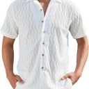 Alex Vando Mens Summer Shirts See Through Sheer Lace Casual Short Sleeve Button Down Beach Shirt (White, S)