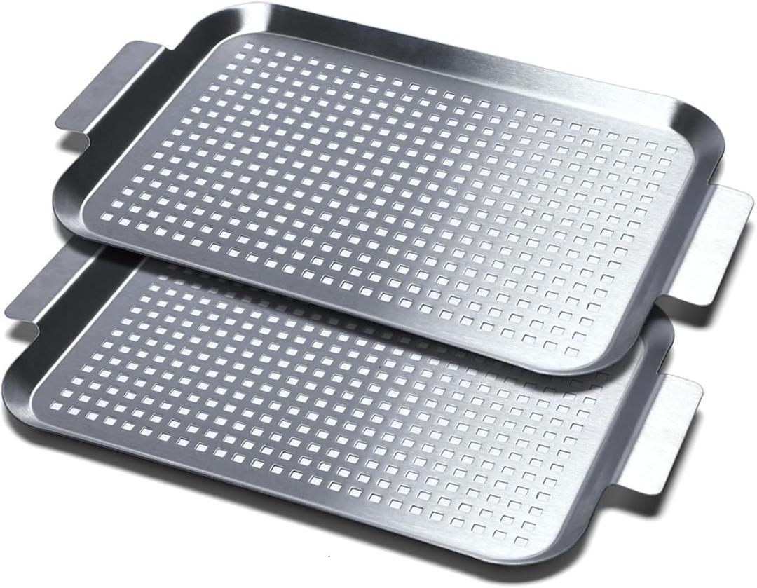 Grill Pan Set of 2, BBQ Grill Topper for Outdoor Grill, Stainless Steel Grilling Baskets with Holes and Handles, Perforated Food Tray Barbecue Accessories for Vegetable, Fish, Small
