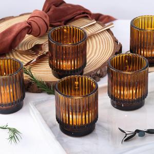 DEVI 8pcs Ribbed Amber Votive Candle Holder for Boho Wedding Decor, Amber Glass Candle Holder for Tea Lights, Vintage Boho Party Home able Decorations, Boho Fall Centerpiece Table Decorations,