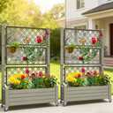 YITAHOME 43.3x17.7x61 in Planter Boxes Outdoor with Trellis, Resin Raised Garden Bed with Wheels & Drain Plug 2pcs for Climbing Plants, Weather-Resistant Design, Brown