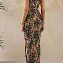 BTFBM Women's Summer Maxi Tube Dress Strapless Side Slit Long Floral Bodycon Dress Elegant Party Cocktail Dresses (Brown, XXL)