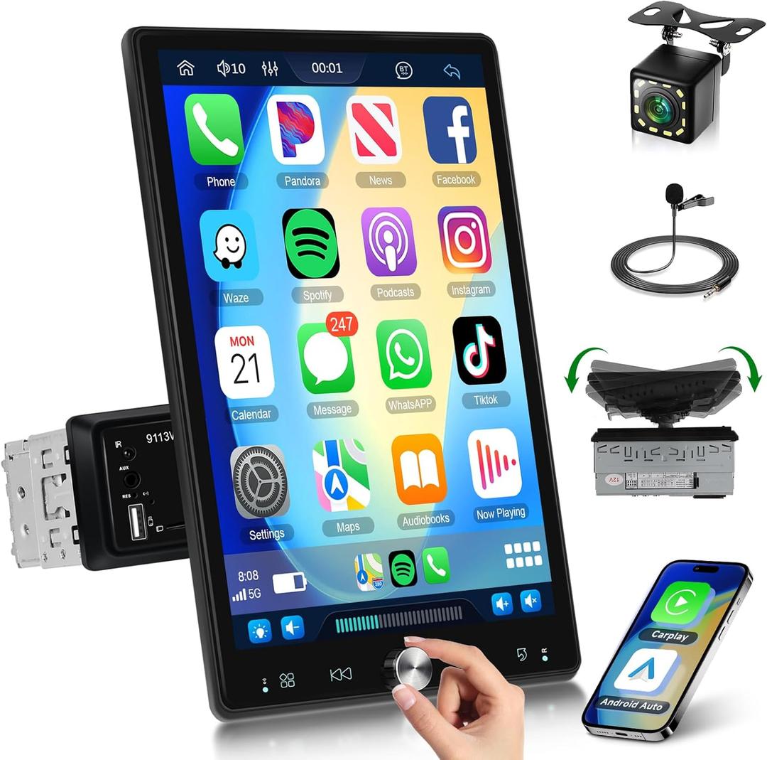 10.4 inch Single Din Car Stereo with Wireless Carplay Android Auto-2025 Upgraded 1080P IPS Detachable Touch Screen,5.2Bluetooth,12LED Backup Camera,FM Radio,USB/AUX,Mirror Link,SWC